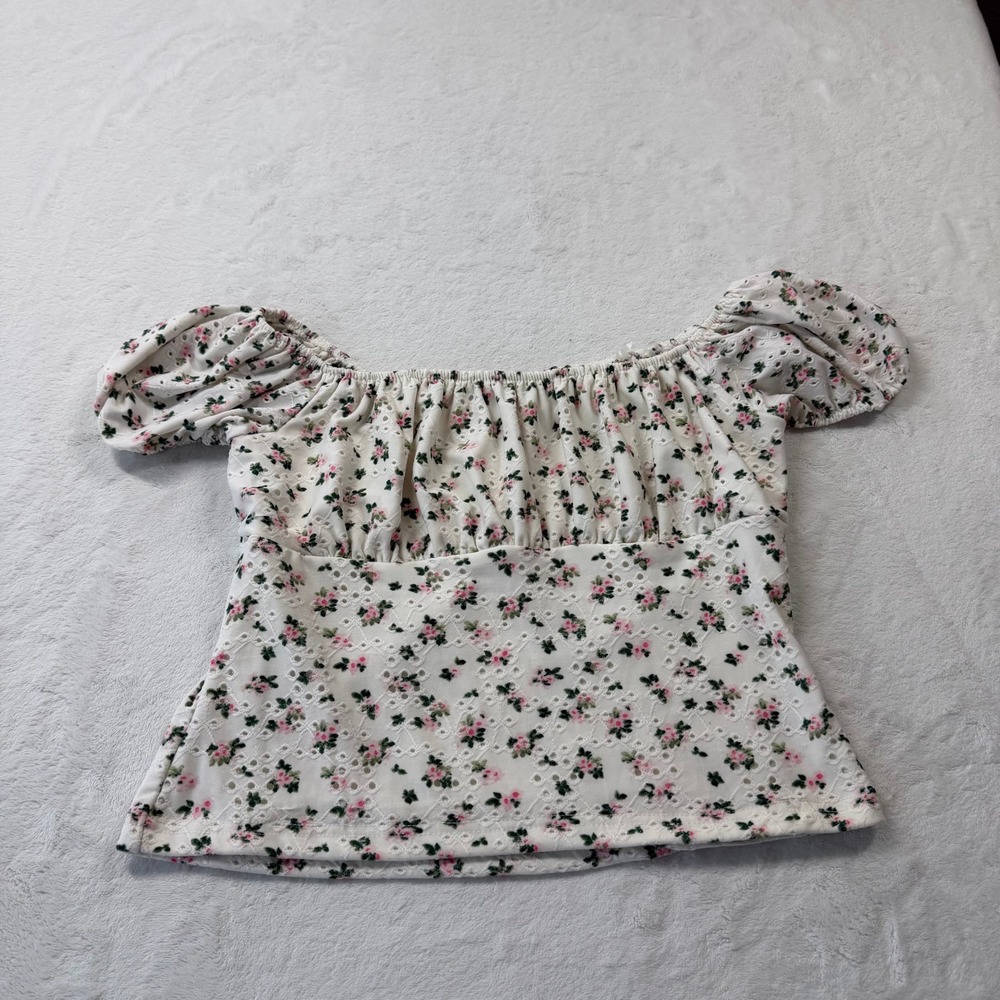 Faded Rose Floral Eyelet Top Womens Large White Good Puff Sleeve Bardot